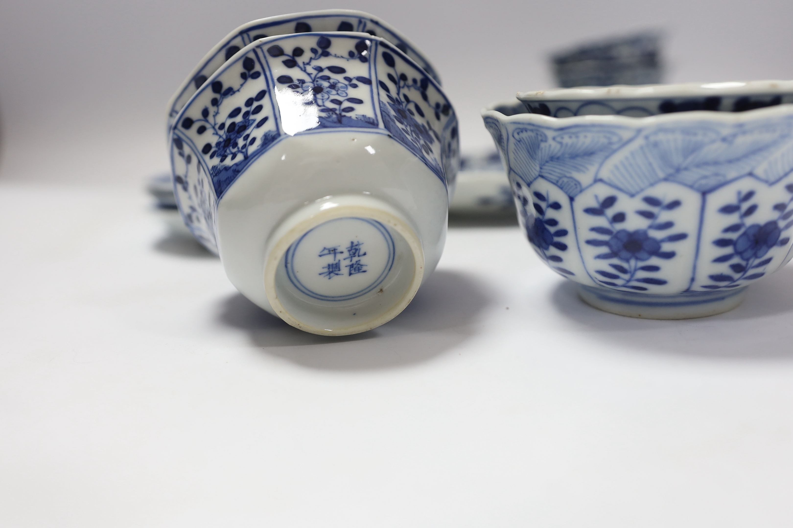 Two pairs of 19th century Chinese blue and white teabowls and saucers, a set of six other blue and white saucers, another and a teabowl, all 19th century (17)